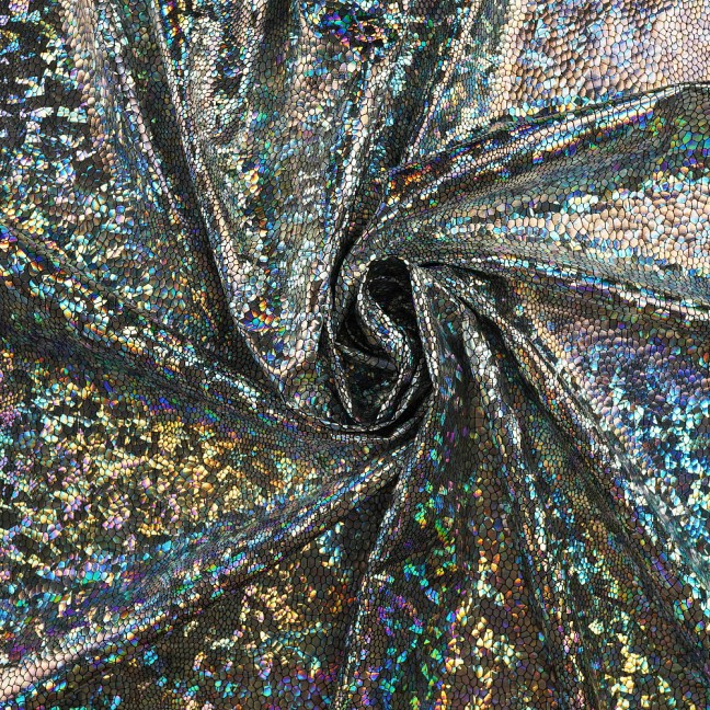 Голограмма D2 10 серебро на черном купить ткань по оптовой цене, поставщик Aquarelle-tex заказать доставку Краснодар, заказать ткани голографические с доставкой, распродажа остатков